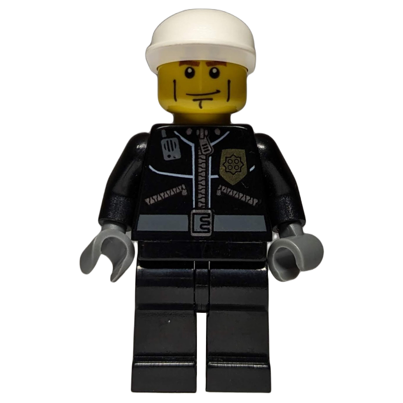 Lego Policeman, Black Jacket with Zipper, Radio, and Badge, White Cap