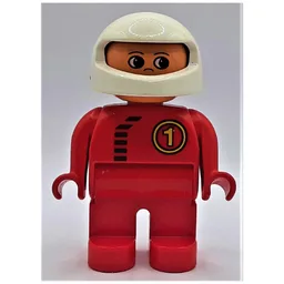 Duplo Figure, Early, Helmet White, Red Legs, Black Zipper and '1' Print / Red