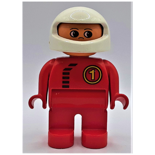 Lego Duplo Figure, Early, Helmet White, Red Legs, Black Zipper and '1' Print / Red