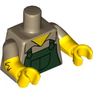 Torso, Dual Molded Arms, Dark Green Overalls over Shirt Print, Dark Tan Sleeves Pattern, Yellow Arms and Hands / Dark Tan