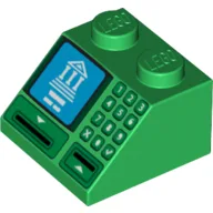 Brick Sloped 45° 2 x 2 with Building on Blue Screen, Card Slot and Keypad Print / Green