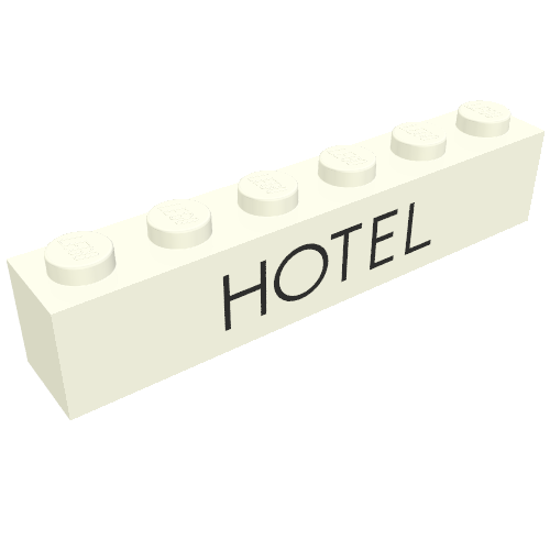 Lego Brick 1 x 6 with 'HOTEL' Black print / White