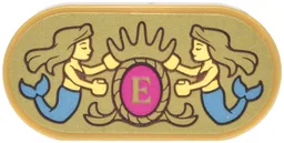 Tile, Round 2 x 4 Oval with 2 Mermaids with Metallic Light Blue Fins, Crest with Crown and Magenta Oval and Letter E Pattern (Sticker) - Set 43299