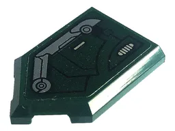 Tile, Modified 2 x 3 Pentagonal with Black Lines and Dark Bluish Gray, Dark Green and Silver Armor Plates Pattern Model Left Side (Sticker) - Set 76195