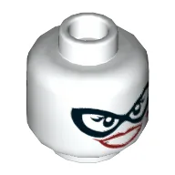 Minifig Head Harley Quinn, Dual Sided, Black Eyemask, Dark Red Lips, Diamond on Cheek, Wide Smile / Blue Eye Shadow, Frown Print [Hollow Stud] / White