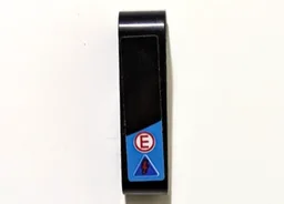 Technic, Liftarm, Modified Bent Thick L-Shape 2 x 4 with Dark Azure Trapezoid Stripe, Red Capital Letter E in White Circle and Blue Electricity Danger Triangle Pattern Model Left Side (Sticker) - Set 42162