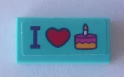 Tile 1 x 2 with 'I' Heart and Cake Pattern (Sticker) - Set 41310 / Medium Azure
