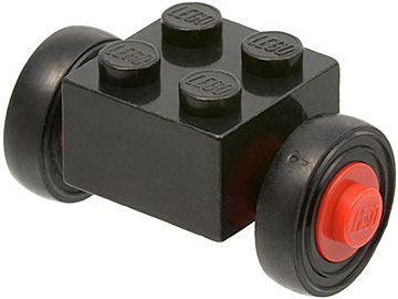 Lego Brick, Modified 2 x 2 with Red Wheels for Single Tire with Black Tires 14mm D. x 4mm Smooth Small Single (3137c01 / 3139)