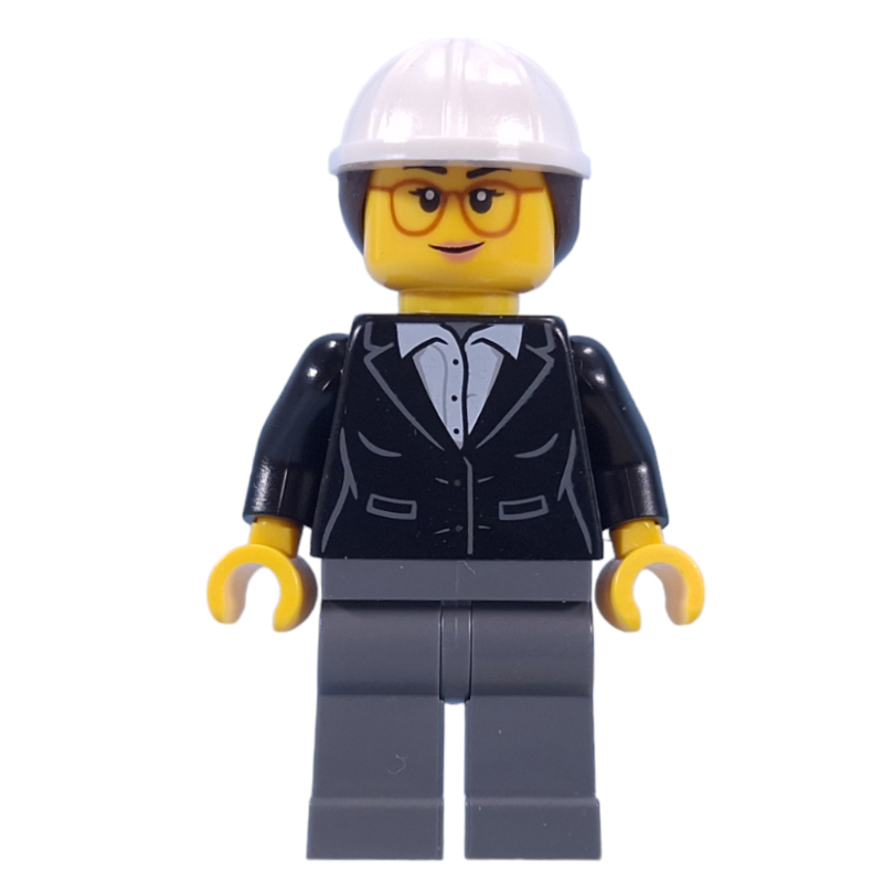 Lego Construction Supervisor, Black Jacket, White Hard Hat with Ponytail
