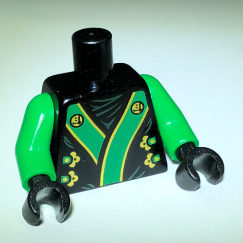 Lego Torso Robe with Green and Gold Obi Sash Print, Bright Green Arms, Black Hands / Black