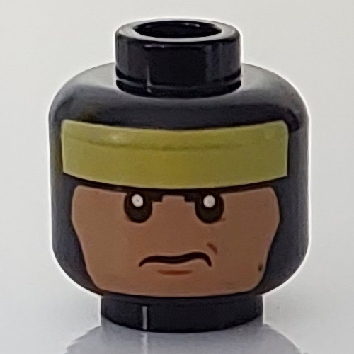 Lego Minifig Head Batman, Balaclava with Yellow Headband, Nougat Face, Frown / Bared Teeth Print / Black
