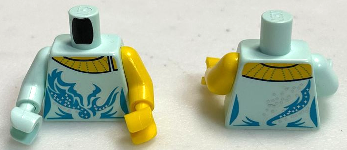 Lego Torso Female Ice Skating Costume with Strap, Transparent Collar, Metallic Light Blue Decorations and Silver Sparkles, Yellow Neck Pattern (BAM) / Yellow Arm Left / Light Aqua Arm Right / Yellow Hand Left / Light Aqua Hand Right