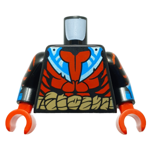Lego Torso, Red Armor, Dark Tan Rope, Medium Azure/Dark Azure Color print, Black Arms, Red Hands / Black