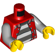 Lego Torso Letterman Jacket, Open over White and Dark Bluish Gray Striped Undershirt Print, '75' on back, Light Bluish Gray Arms, Yellow Hands / Red