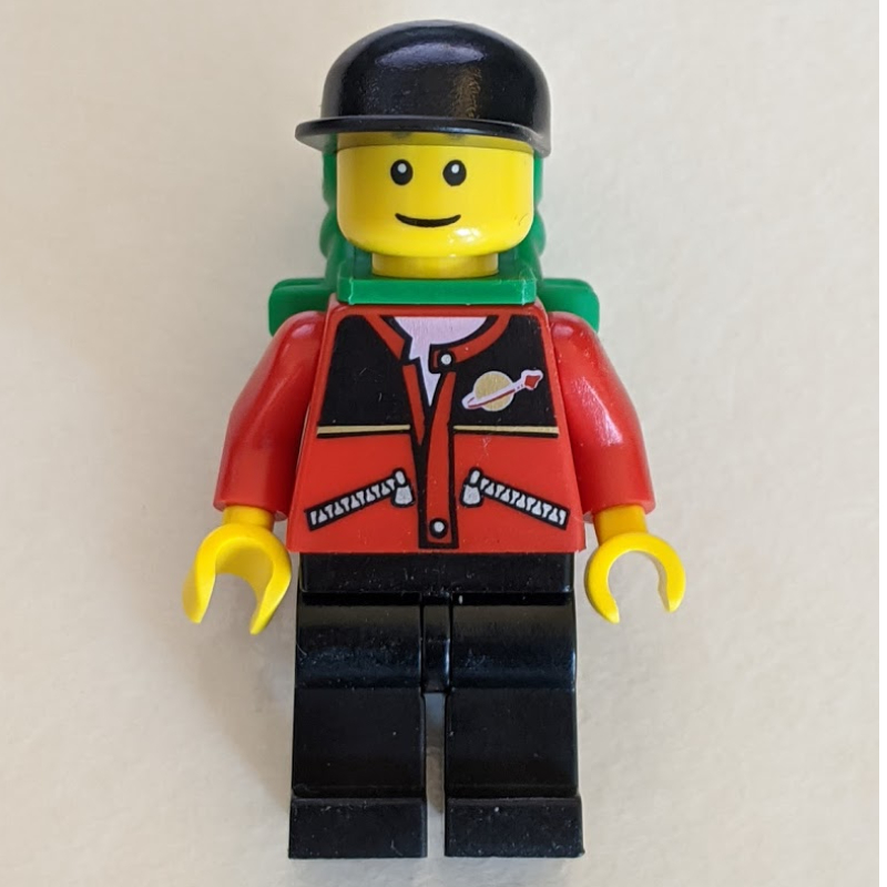 Lego Man - Red Jacket, Black Legs, Black Cap, Green Backpack