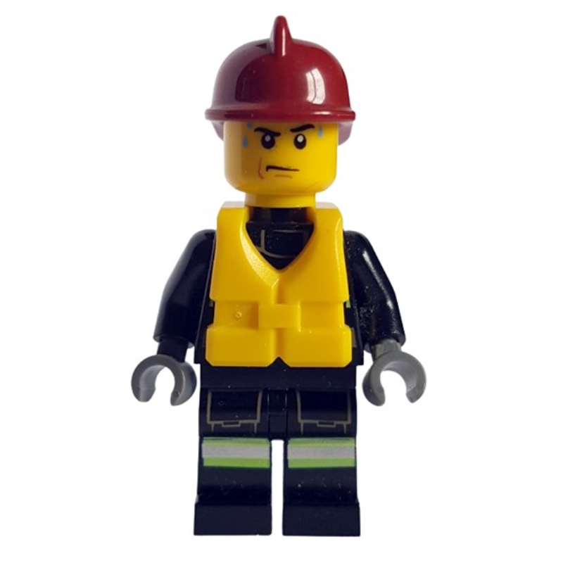 Lego Fireman, Black Fire Suit with Gauge and Straps, Dark Red Helmet, Yellow Life Vest, Sweat Drops