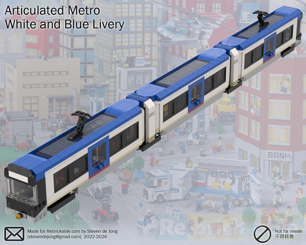 Lego Articulated Metro (Minifig / City scale, 2023 Revision, White & Blue Livery)