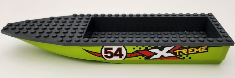 Lego Boat, Hull Unitary 28 x 8 with Dark Bluish Gray Top with '54' in White Circle and Xtreme Logo on Black Checkered Background Pattern on Both Sides (Stickers) - Set 60254