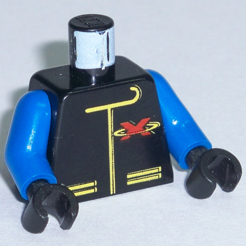 Lego Torso Jacket with Red Extreme Team 'X' Logo Print, Blue Arms, Black Hands / Black