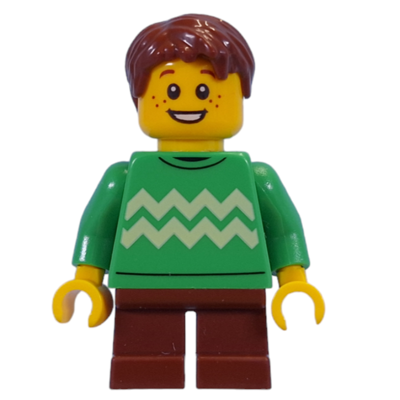 Lego Kid - Bright Green Torso, Reddish Brown Legs, Reddish Brown Hair