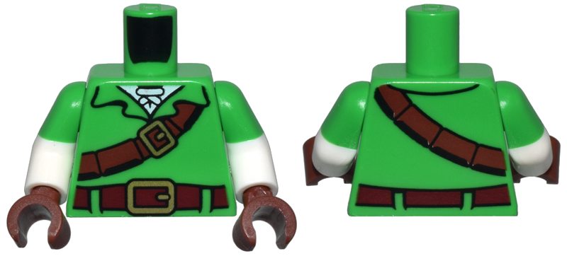 Lego Torso Tunic, Reddish Brown Strap and Dark Red Belt with Gold Buckles, White Shirt Pattern / White Arms with Molded Bright Green Short Sleeves Pattern / Reddish Brown Hands