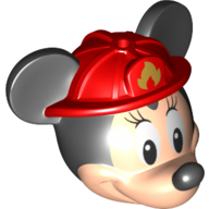 Lego Minifig Head Special with Black Mouse Ears and Nose, Red Fire Fighter Helmet, Eyelashes print (Minnie Mouse) / Light Nougat