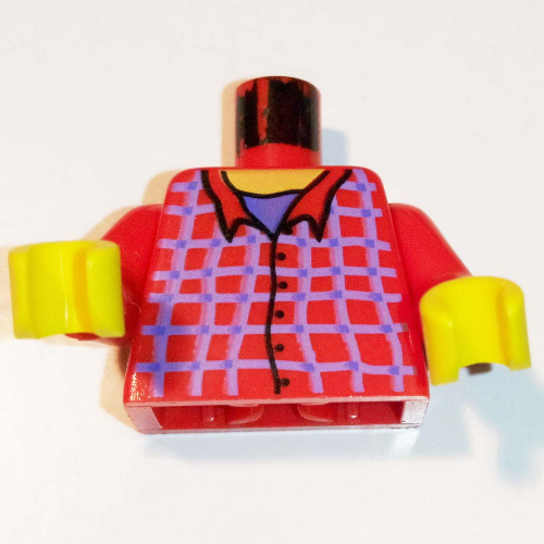Lego Torso Shirt with Blue Box Stripes and Buttons Print, Red Arms, Yellow Hands / Red
