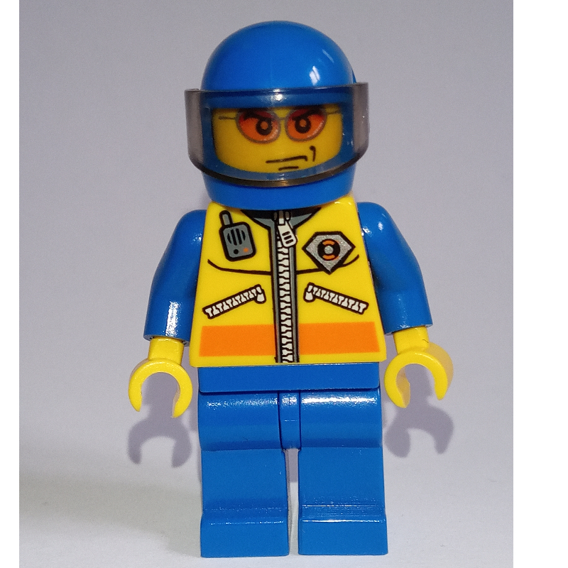 Lego Coast Guard, Yellow Jacket with Zipper, Radio and Badge, Blue Helmet with Visor, Orange Sunglasses