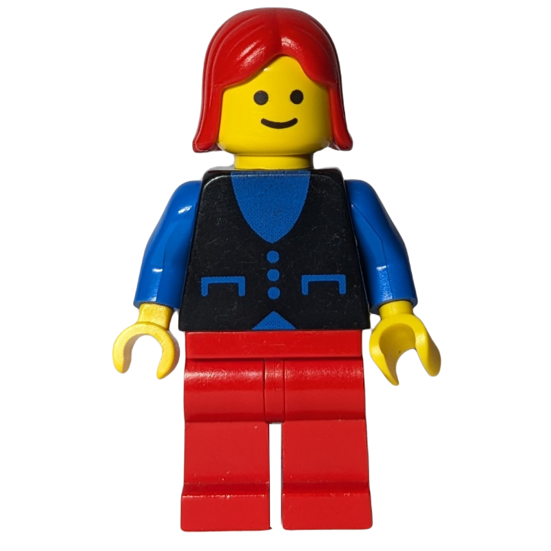 Lego Woman, Black Vest over Blue Top, Red Legs, Red Hair