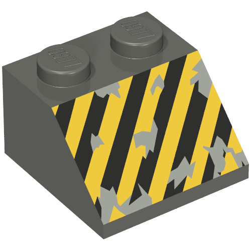 Lego Brick Sloped 45° 2 x 2 with Black and Yellow Stripes Print / Dark Gray