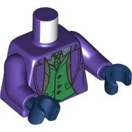 Torso Jacket, Dark Tan Lapels, open over Green Vest, Tie, Silver and Sand Blue Shirt Print, Dark Purple Arms, Dark Blue Hands / Dark Purple