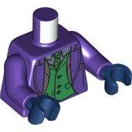 Lego Torso Jacket, Dark Tan Lapels, open over Green Vest, Tie, Silver and Sand Blue Shirt print, Dark Purple Arms, Dark Blue Hands / Dark Purple