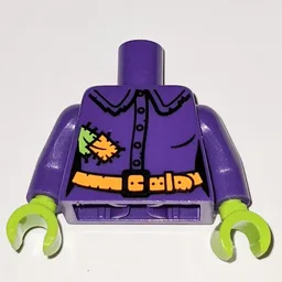 Torso Shirt, Tattered with Lime and Orange Patches, Orange Belt Print, Dark Purple Arms with Patch Print on Left, Lime Hands / Dark Purple