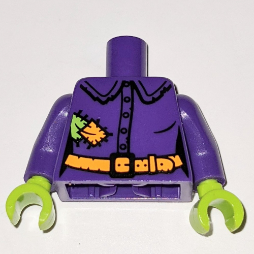 Lego Torso Shirt, Tattered with Lime and Orange Patches, Orange Belt Print, Dark Purple Arms with Patch Print on Left, Lime Hands / Dark Purple