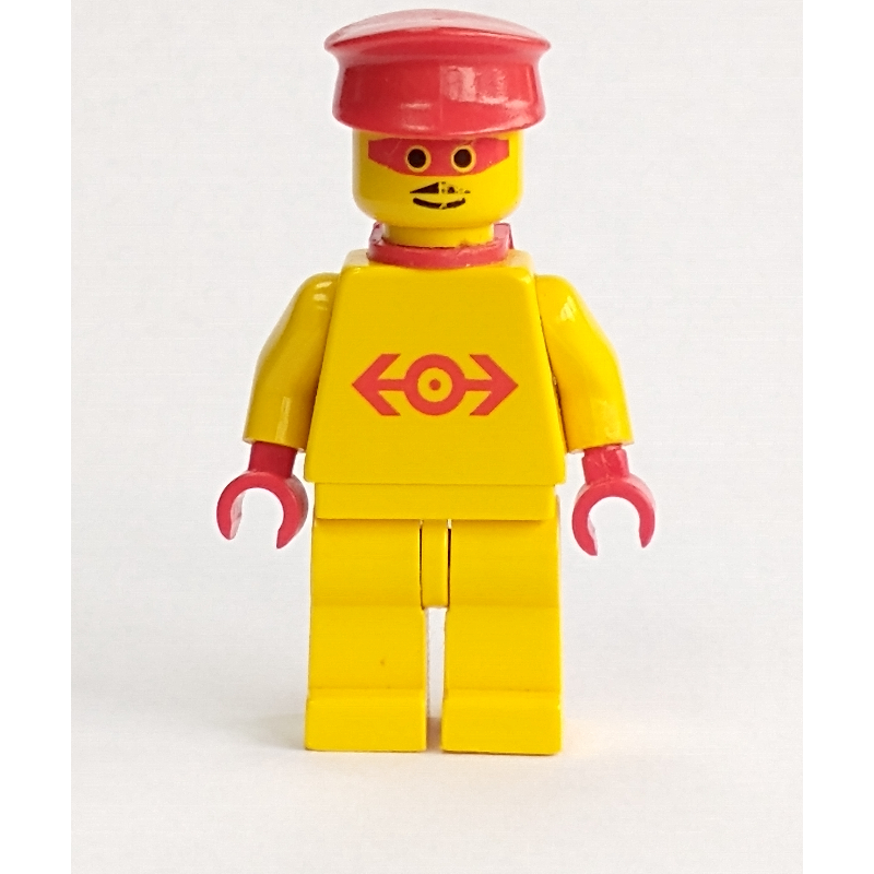 Lego Train Employee - Yellow Torso, Yellow Legs, Red Hat, Red Mask, Red Cape