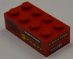 Brick 2 x 4 with 'SPHERE', 'SUBSOUND LIMITER' and 'POWER' on Left Side and 'FOLLOW' and 'RAIZR' on End Pattern (Stickers) - Set 8186