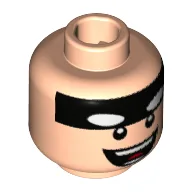 Minifig Head Batman, Black Stripe on Forehead, Big Open Smile with Teeth Print [Hollow Stud] / Light Nougat