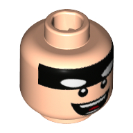 Lego Minifig Head Batman, Black Stripe on Forehead, Big Open Smile with Teeth Print [Hollow Stud] / Light Nougat