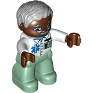 Duplo Figure with Parted Wavy Hair Gray, with Glasses on Dark Brown Face (Doctor) / White