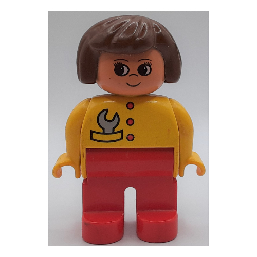Lego Duplo Figure, Early, Hair Bob Brown, Red Legs, Red Buttons and Gray Wrench, Turned Up Nose Print / Yellow