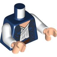 Lego Torso, Jacket, White Shirt, Light Nougat Chest, Dark Red Belt print, White Arms, Light Nougat Hands / Dark Blue