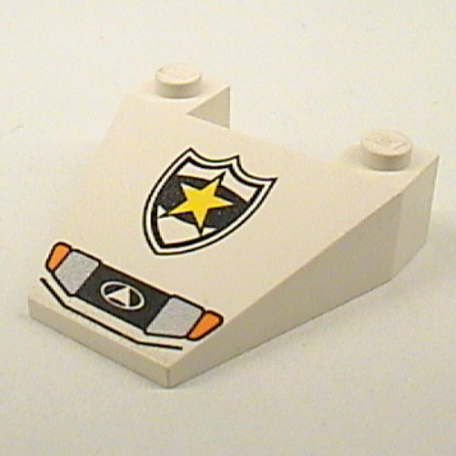 Lego Brick Wedged, Sloped 4 x 4 Taper with Police Yellow Star Badge and Headlights Print / White