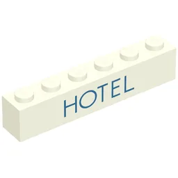 Brick 1 x 6 with 'HOTEL' Thin Blue Print / White