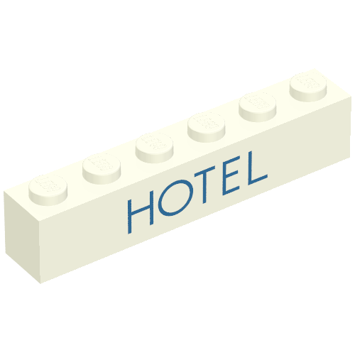 Lego Brick 1 x 6 with 'HOTEL' Thin Blue Print / White