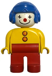 Duplo Figure, Male Clown, Red Legs, Yellow Top with 2 Buttons, Yellow Arms, Blue Aviator Helmet