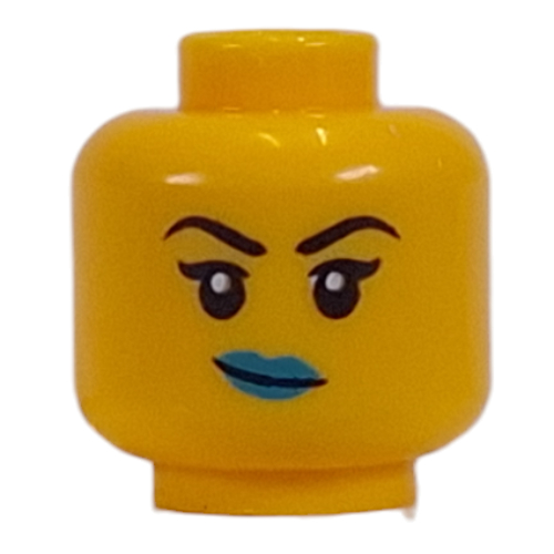 Lego Minifig Head Black Eyebrows, Dark Turquoise Lips, Crooked Grin / Open Mouth Smile / Yellow