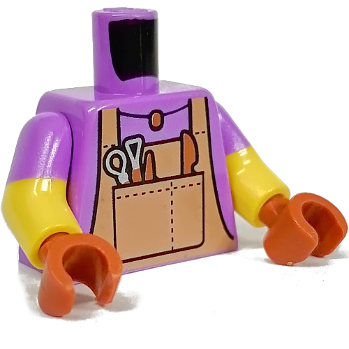 Lego Torso, Dual Molded Arms with Dark Tan Apron, Pottering Tools print, Medium Lavender Sleeves Pattern, Yellow Arms, Dark Orange Hands / Medium Lavender