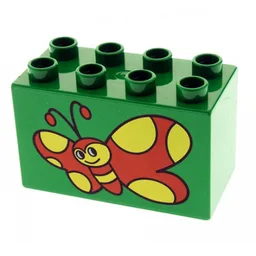 Duplo Brick 2 x 4 x 2 with Red Butterfly with Yellow Spots Print / Green