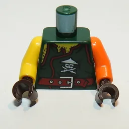 Torso, Odd Arms, Tunic with Ninja Skull with Crossed Swords, Chest Hair and Dark Red Belt Print, Left Orange Arm, Right Yellow Arm, Dark Brown Hands / Dark Green