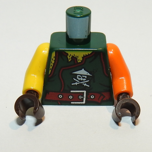 Lego Torso, Odd Arms, Tunic with Ninja Skull with Crossed Swords, Chest Hair and Dark Red Belt Print, Left Orange Arm, Right Yellow Arm, Dark Brown Hands / Dark Green